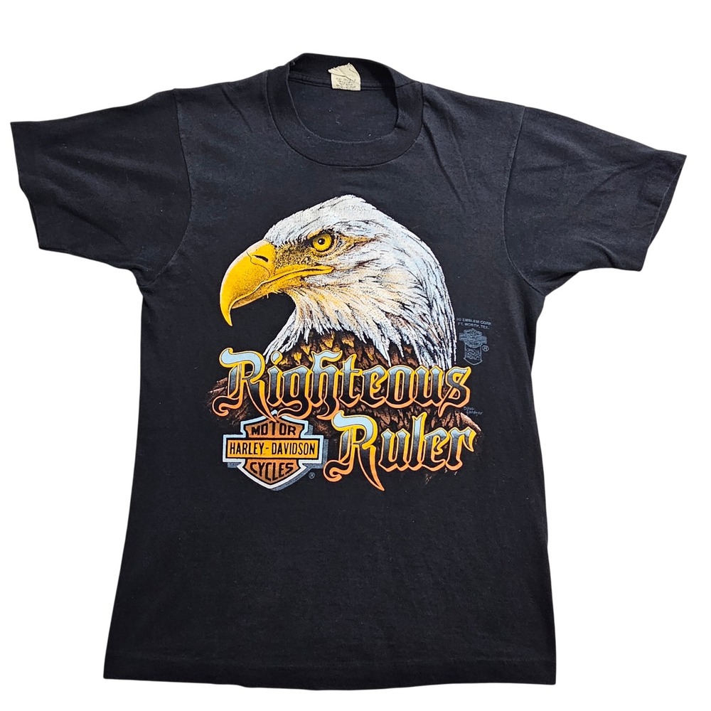 Harley-Davidson T-Shirt S Black Vintage 80s 3D Emblem Righteous Ruler Eagle